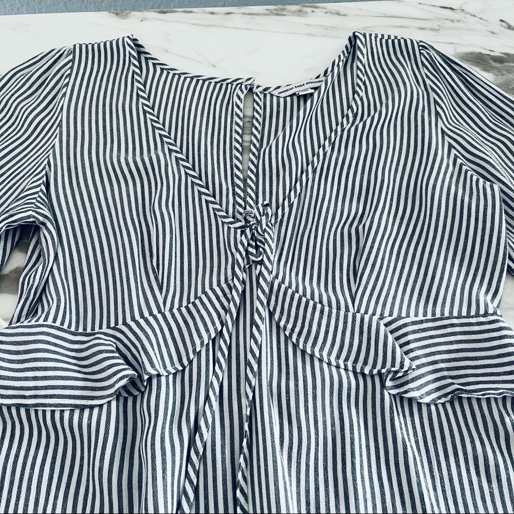 AE Mini Dress Stripe Flirt gray Ruffle Open Back Size S Long Balloon Sleeve - Picture 7 of 11